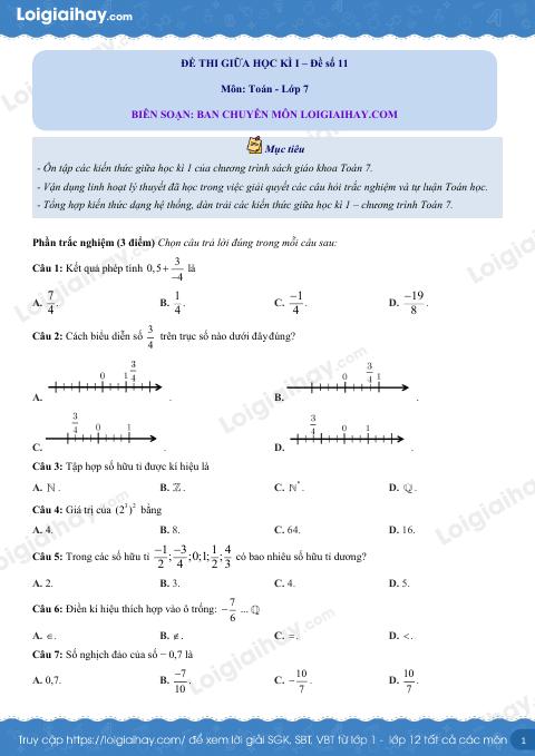 Đề thi giữa kì 1 Toán 7 - Đề số 11